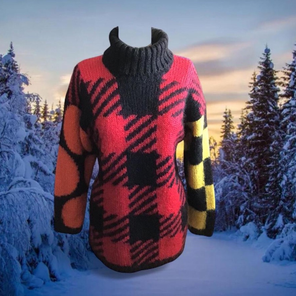 The Limited Plaid Mohair,Wool, Acrylic,Turtleneck Sweater - Red, Black, Yellow,
